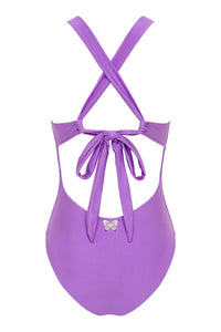 NIKOZA goddess in lilac one-piece swimsuit with a flattering fit, showcasing elegant swimwear design in soft lilac color.
