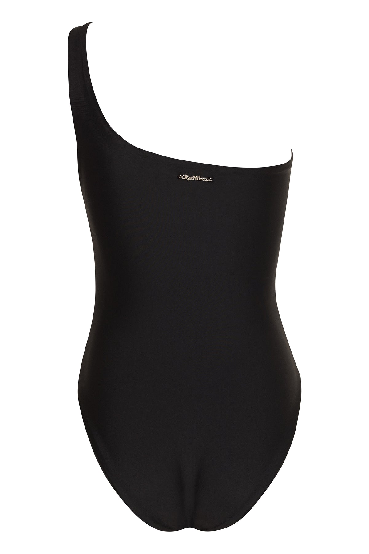 Black Vanda one-shoulder swimsuit by NIKOZA, stylish swimwear with a sleek, modern design, displayed on a plain background.