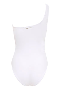 Black Vanda one-shoulder swimsuit by NIKOZA, stylish swimwear with a sleek, modern design, shown in a close-up image.
