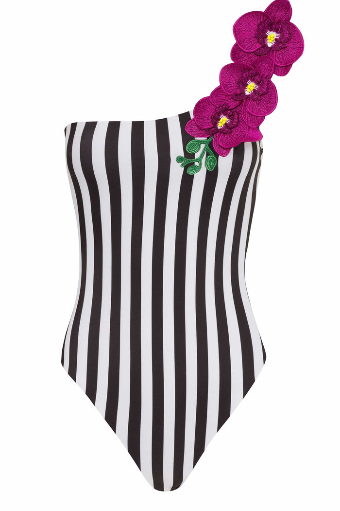 NIKOZA Vanda Stripe One-Shoulder Swimsuit in black and white, featuring a stylish single shoulder design and fitted swimwear style.