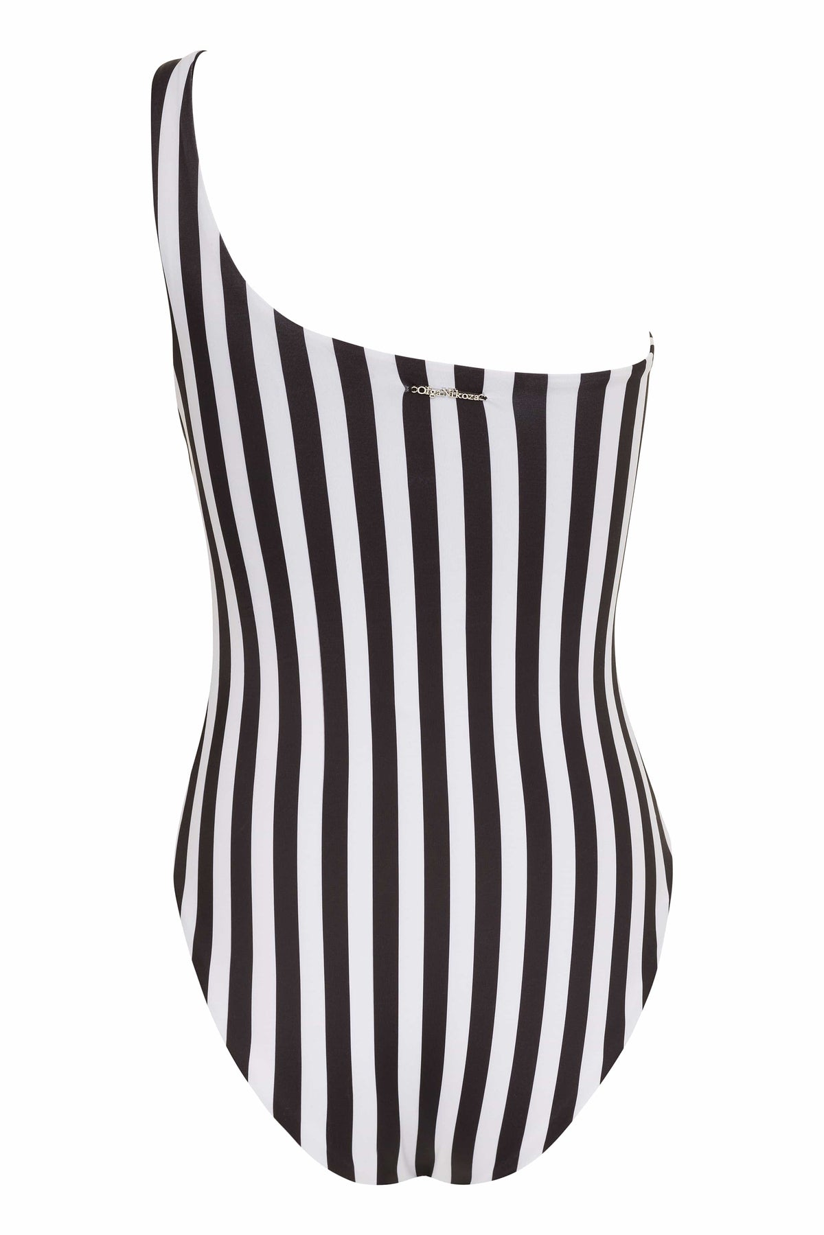 NIKOZA Vanda stripe one-piece swimsuit featuring black and white vertical stripes and one-shoulder design.