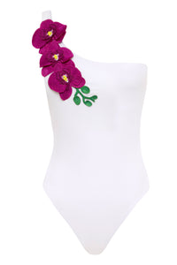 White Vanda one-shoulder swimsuit by NIKOZA, featuring a sleek, fitted swimwear design for stylish beach or poolside wear.