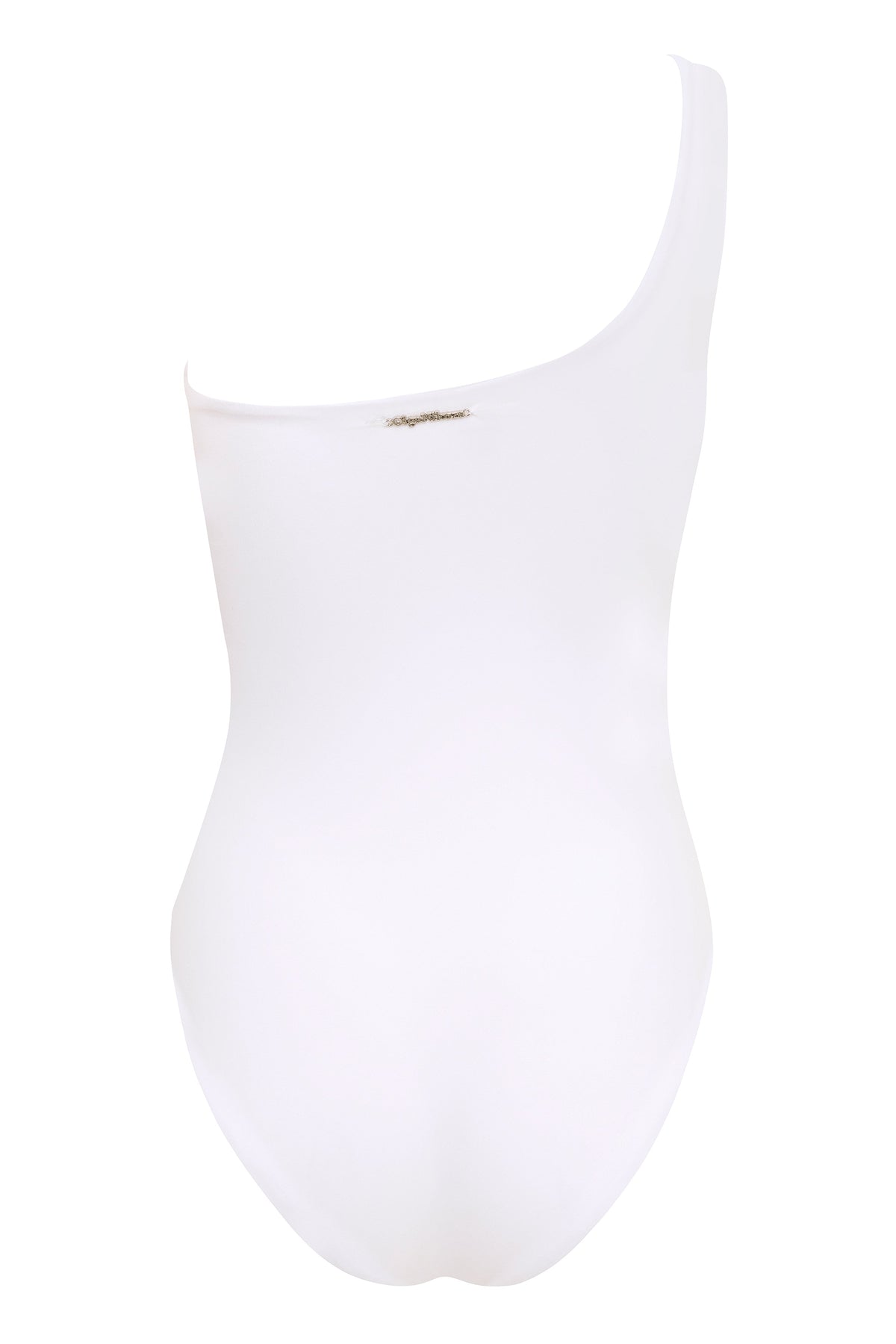 White Vanda one-shoulder swimsuit by NIKOZA, displayed on a model, showcasing elegant swimwear design and fit.