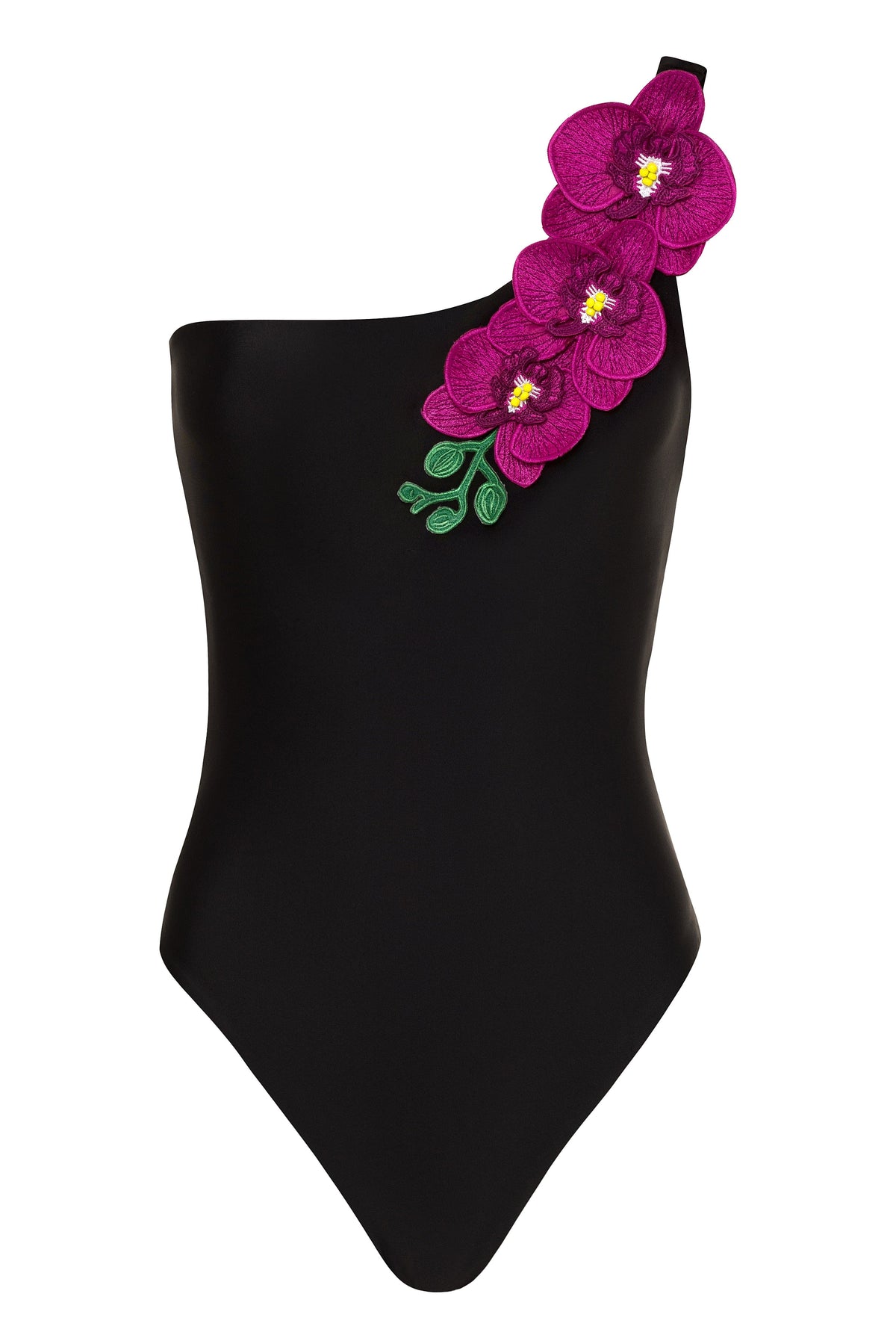 White one-shoulder Vanda NIKOZA swimwear swimsuit, showcasing sleek design and comfortable fit on a model.