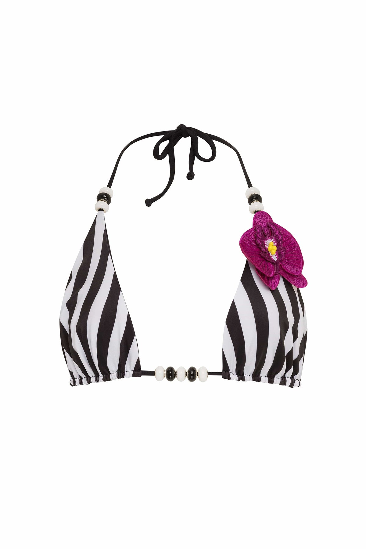 NIKOZA Lycaste striped top featuring black and white horizontal stripes, triangle design, and lightweight fabric.