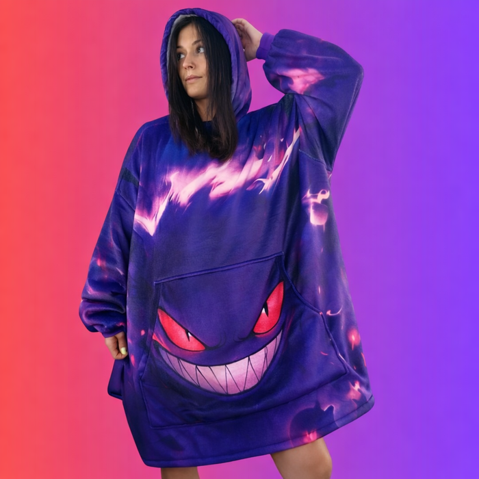 Olm Collectibles Gengar wearable blanket hoodie for kids and adults, featuring soft fabric and Gengar character design.