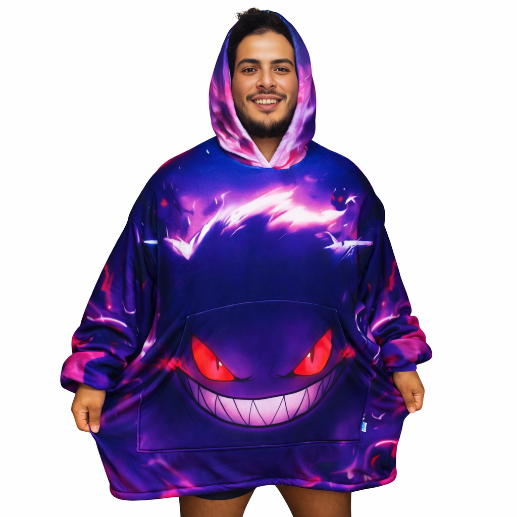 Olm Collectibles Gengar wearable blanket hoodie for kids and adults, soft plush hoodie with Gengar design and cozy fit.
