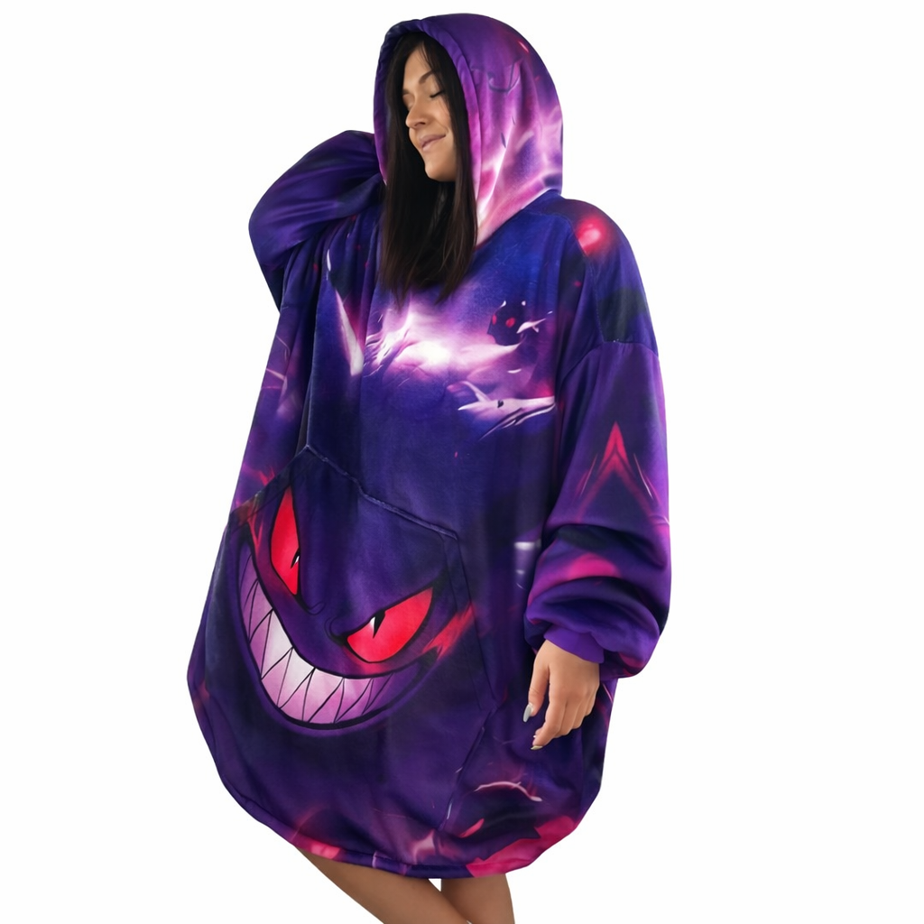 Olm Collectibles Gengar wearable blanket hoodie showing a soft, cozy hoodie with Gengar design for kids and adults.