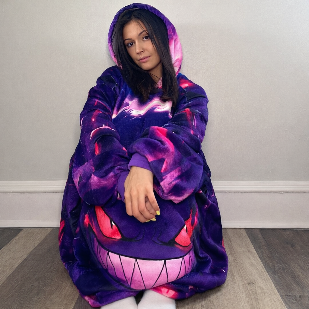 Olm Collectibles Gengar Wearable Blanket Hoodie for kids and adults, soft cozy blanket hoodie with Gengar design, front view.