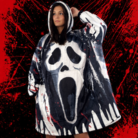 Ghost Face horror wearable blanket hoodie by Olm Collectibles, featuring a cozy blanket hoodie design for kids and adults.