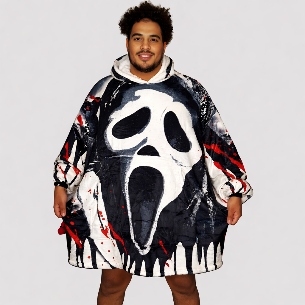 Olm collectibles Ghost Face horror blanket hoodie for kids and adults, featuring a spooky ghost face design and cozy wearable comfort.