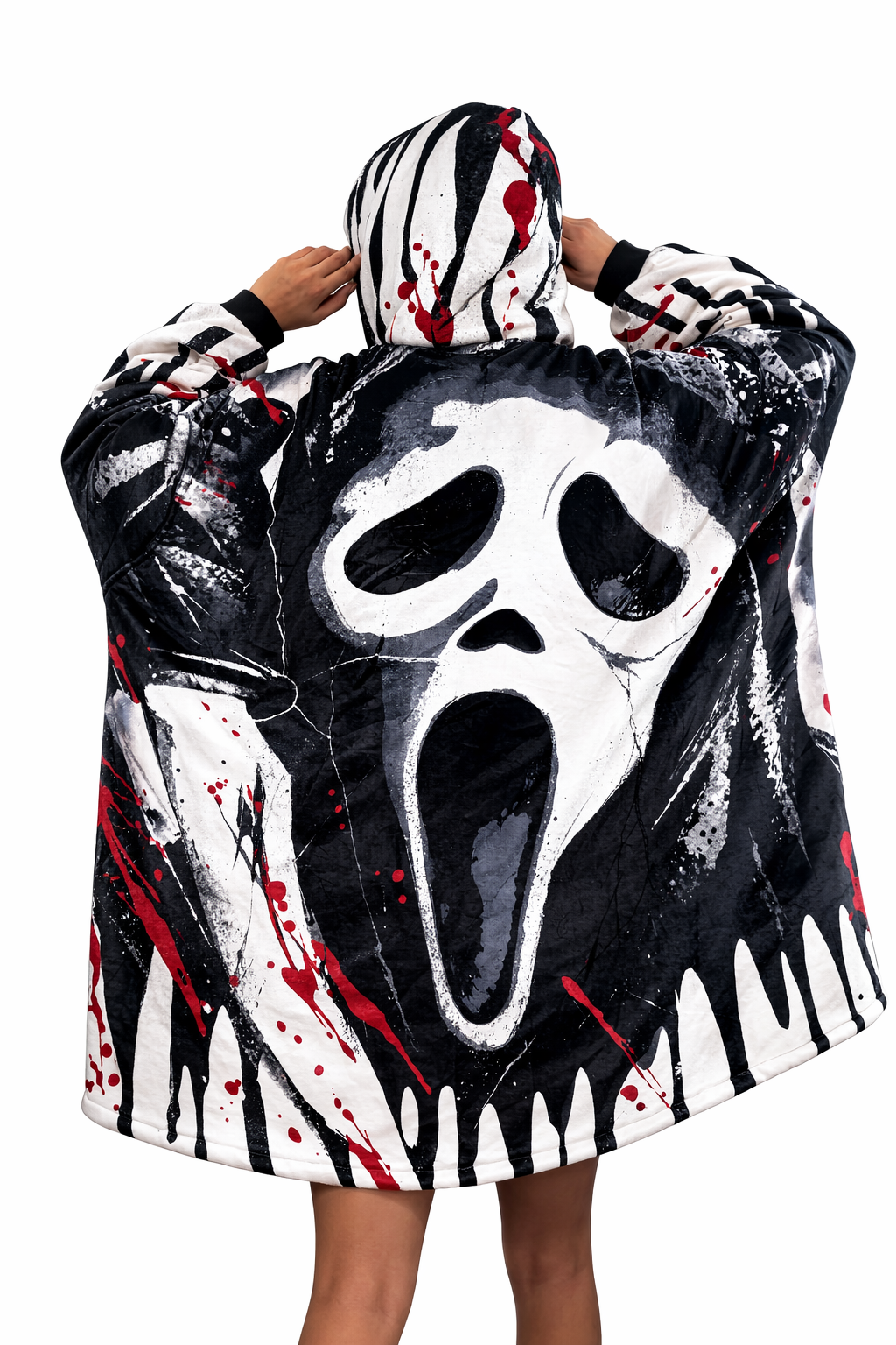 Olm Collectibles ghost face horror wearable blanket hoodie for kids and adults, featuring spooky ghost face design and soft fleece material.