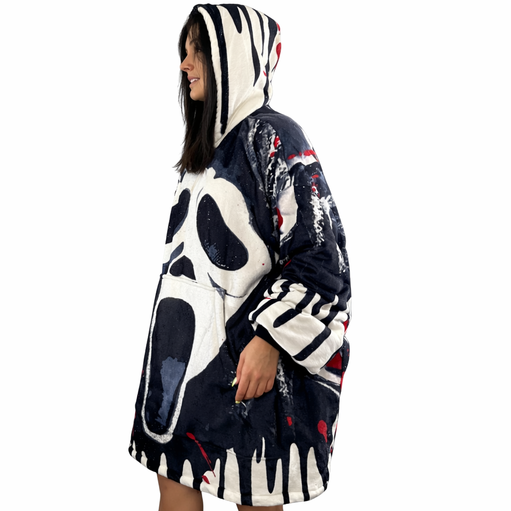Olm Collectibles Ghost Face horror blanket hoodie for kids and adults, featuring a spooky ghost face design and cozy wearable comfort.