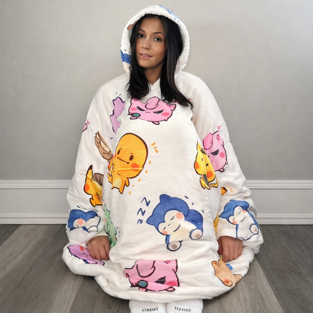 Olm Collectibles Pokémon wearable blanket hoodie for kids and adults, featuring soft fabric and Pokémon character design.