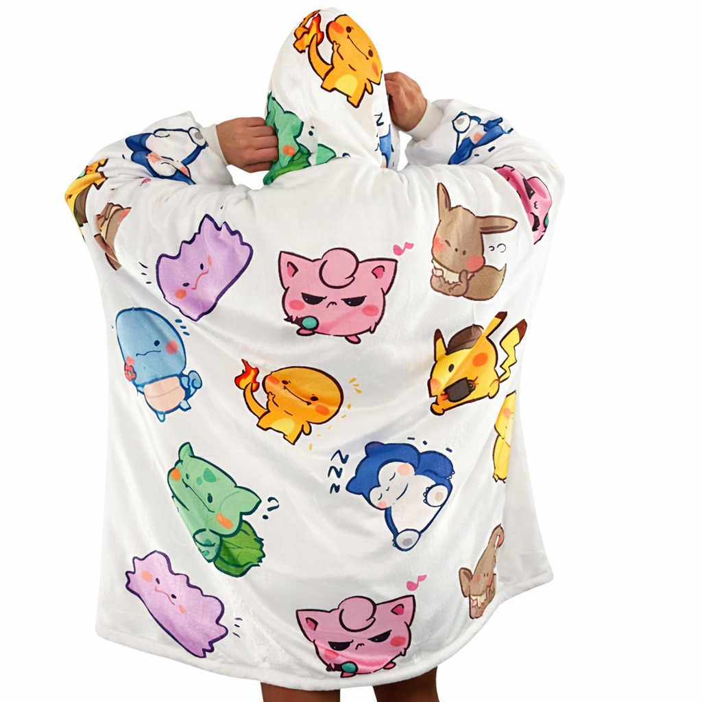 Olm Collectibles Pokémon wearable blanket hoodie for kids and adults, featuring a soft, cozy blanket hoodie with Pokémon design.