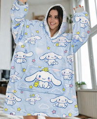 Olm Collectibles Cinnamoroll Hello Kitty wearable blanket hoodie for kids and adults, soft, cozy, with character designs.