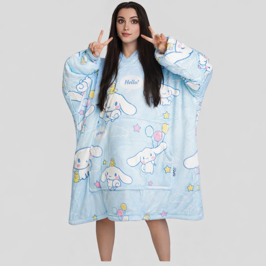 Olm Collectibles Cinnamoroll Hello Kitty wearable blanket hoodie for kids and adults, cozy, soft, with character design and hood.