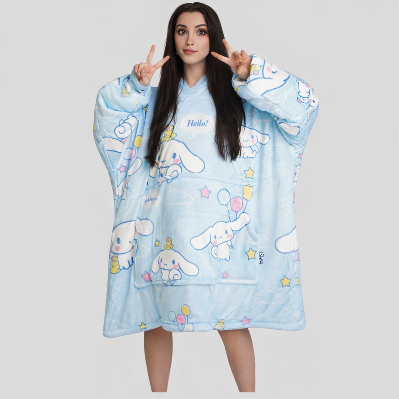 Olm Collectibles Cinnamoroll Hello Kitty wearable blanket hoodie for kids and adults, cozy, soft, with character design and hood.
