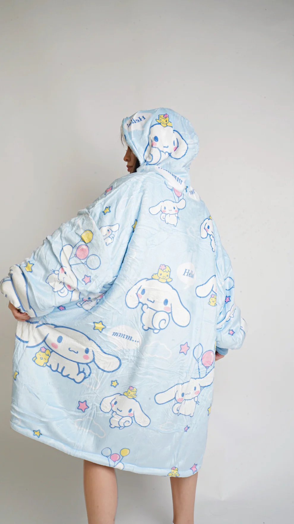 Olm Collectibles Cinnamoroll Hello Kitty wearable blanket hoodie for kids and adults, soft fleece with adorable character design.