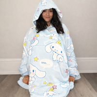Olm Collectibles Cinnamoroll Hello Kitty wearable blanket hoodie for kids and adults, featuring soft fabric and character design.