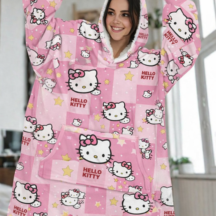 Olm Collectibles Hello Kitty wearable blanket hoodie for kids and adults, soft, cozy, with Hello Kitty design on the blanket hoodie.