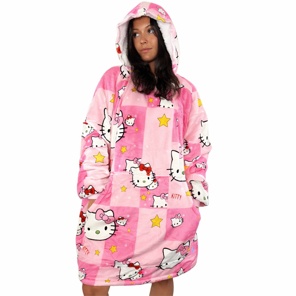Olm Collectibles Hello Kitty wearable blanket hoodie for kids and adults, cozy blanket hoodie with Hello Kitty design.