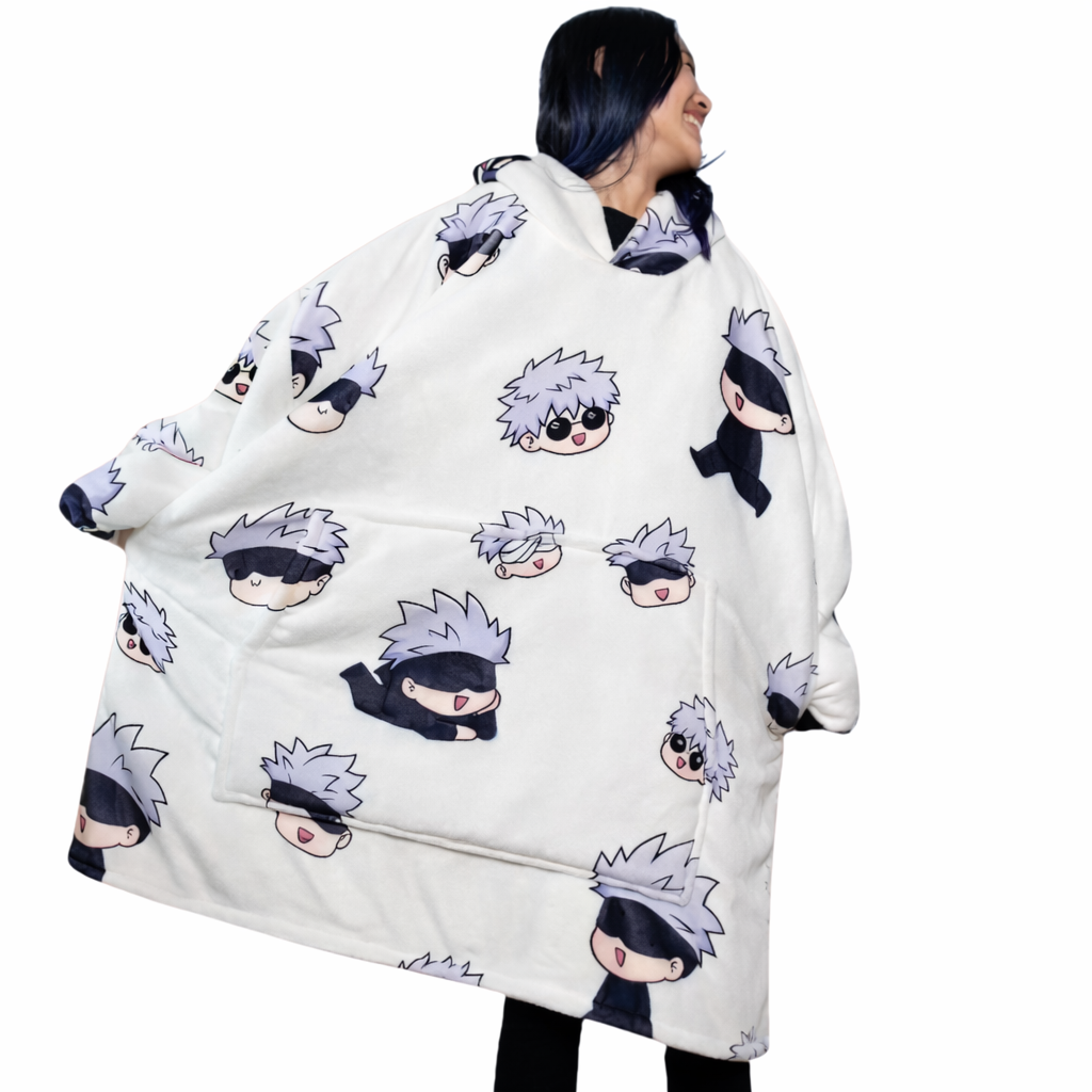 Olm Collectibles Jujutsu Kaisen Gojo wearable blanket hoodie for adults and kids, featuring a soft, cozy design with Gojo character print.