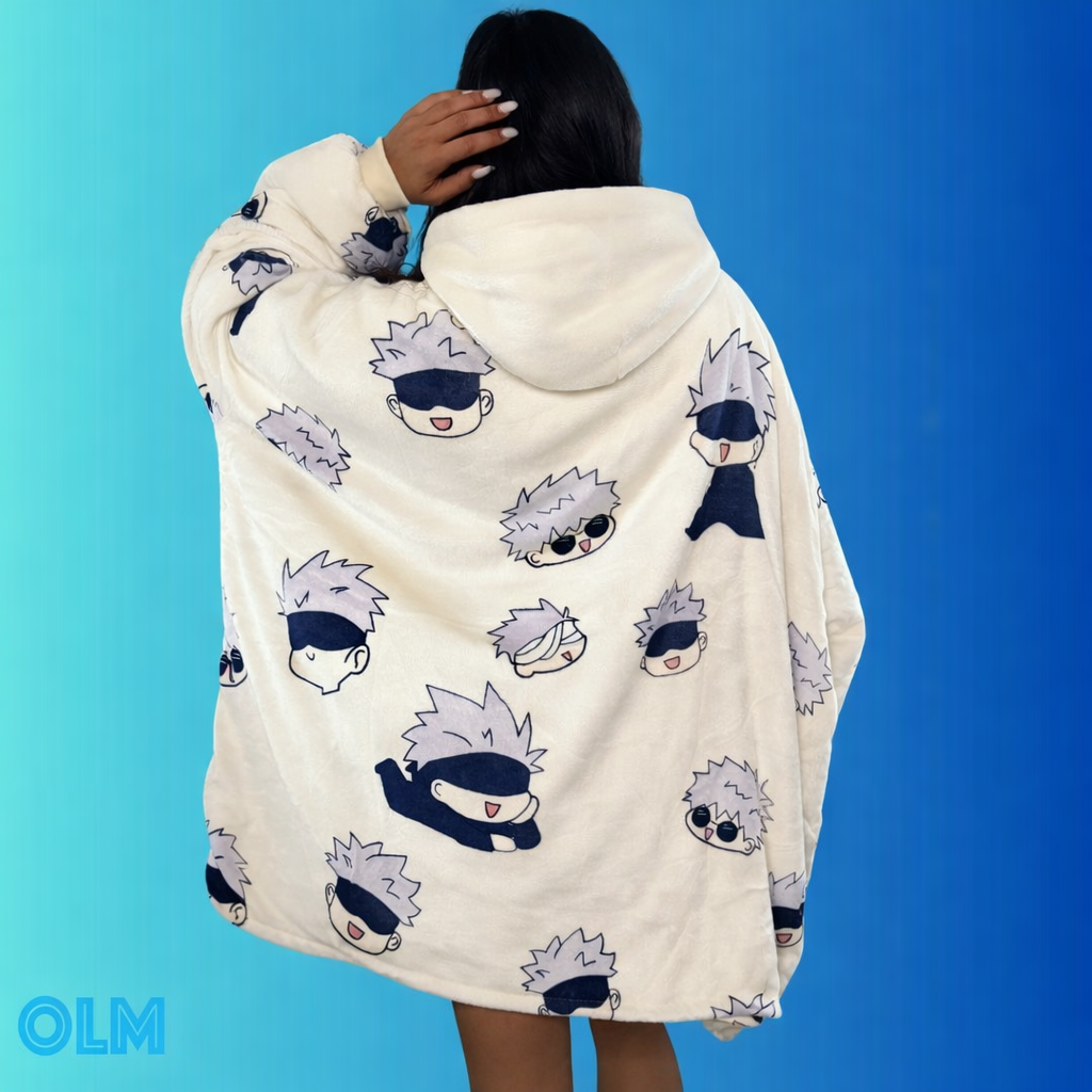 Olm Collectibles Jujutsu Kaisen Gojo wearable blanket hoodie for adults and kids, featuring soft fabric and character design.