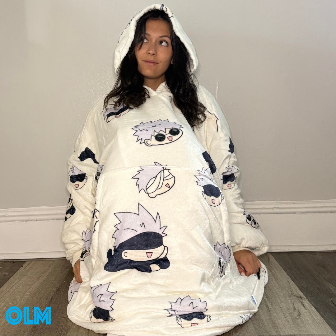 Olm Collectibles Jujutsu Kaisen Gojo wearable blanket hoodie for adults and kids, featuring character design and cozy fabric.