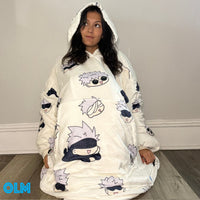 Olm Collectibles Jujutsu Kaisen Gojo wearable blanket hoodie for adults and kids, featuring character design and cozy fabric.