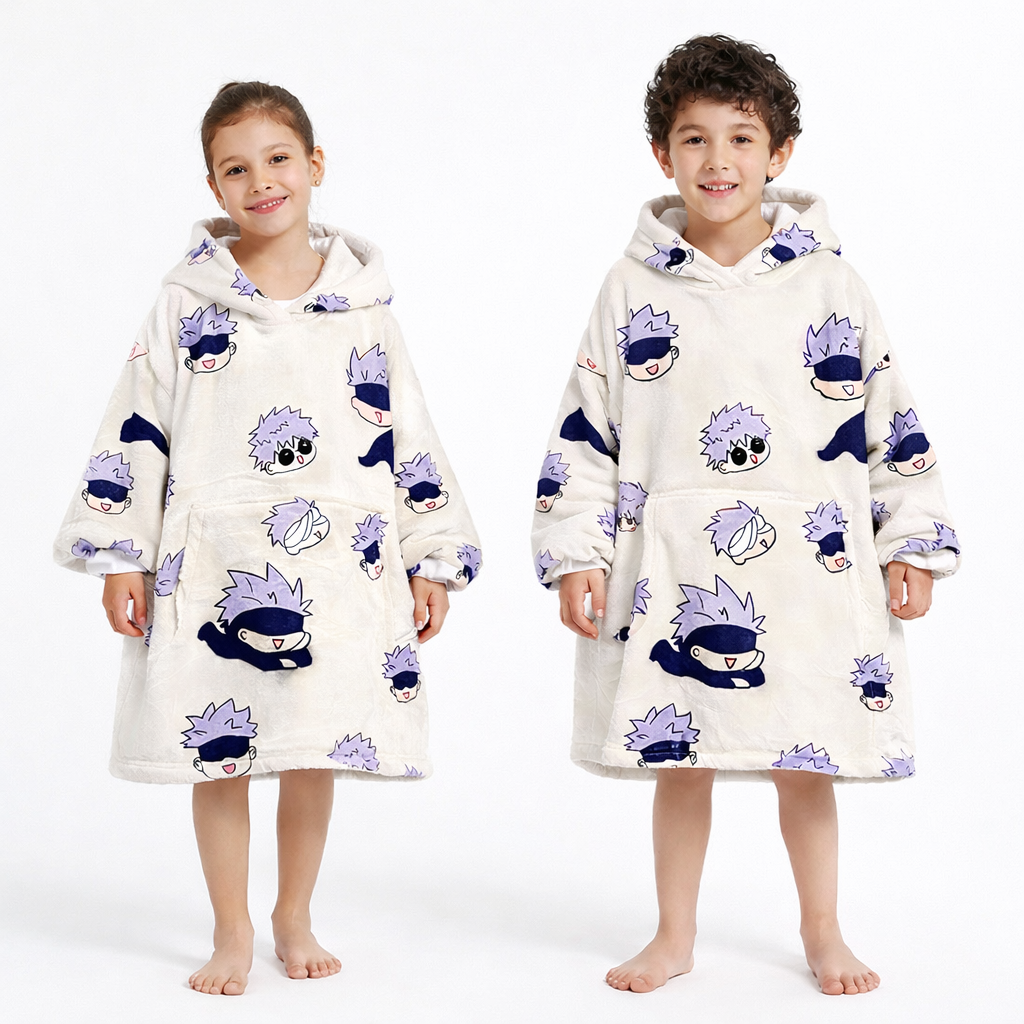 Olm Collectibles Jujutsu Kaisen Gojo wearable blanket hoodie for adults and kids, featuring soft fabric and detailed character design.