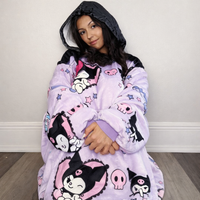Olm Collectibles Kuromi Hello Kitty wearable blanket hoodie for kids and adults, cozy fleece hoodie with character design.