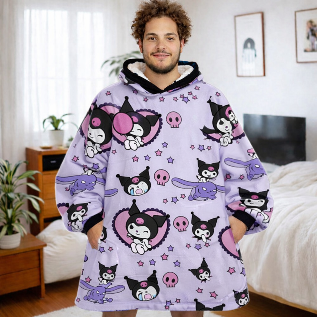 Olm Collectibles Kuromi Hello Kitty wearable blanket hoodie for kids and adults, cozy and soft with character design.