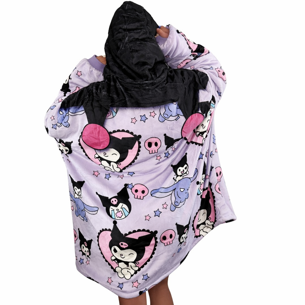 Olm Collectibles Kuromi Hello Kitty wearable blanket hoodie for kids and adults, cozy, soft, with character design and hood.