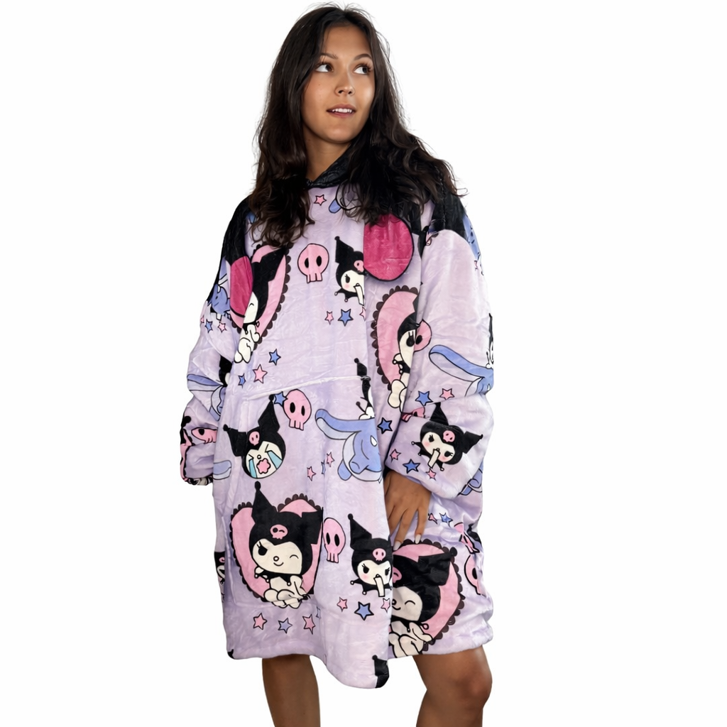 Olm Collectibles Kuromi Hello Kitty wearable blanket hoodie for kids and adults, soft and cozy, featuring character designs.