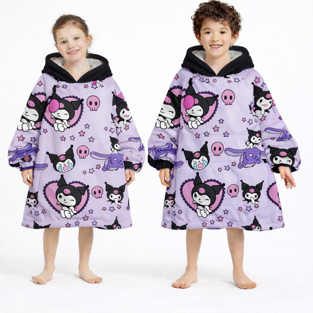 Olm Collectibles Kuromi Hello Kitty wearable blanket hoodie for kids and adults, featuring soft fabric and playful character design.