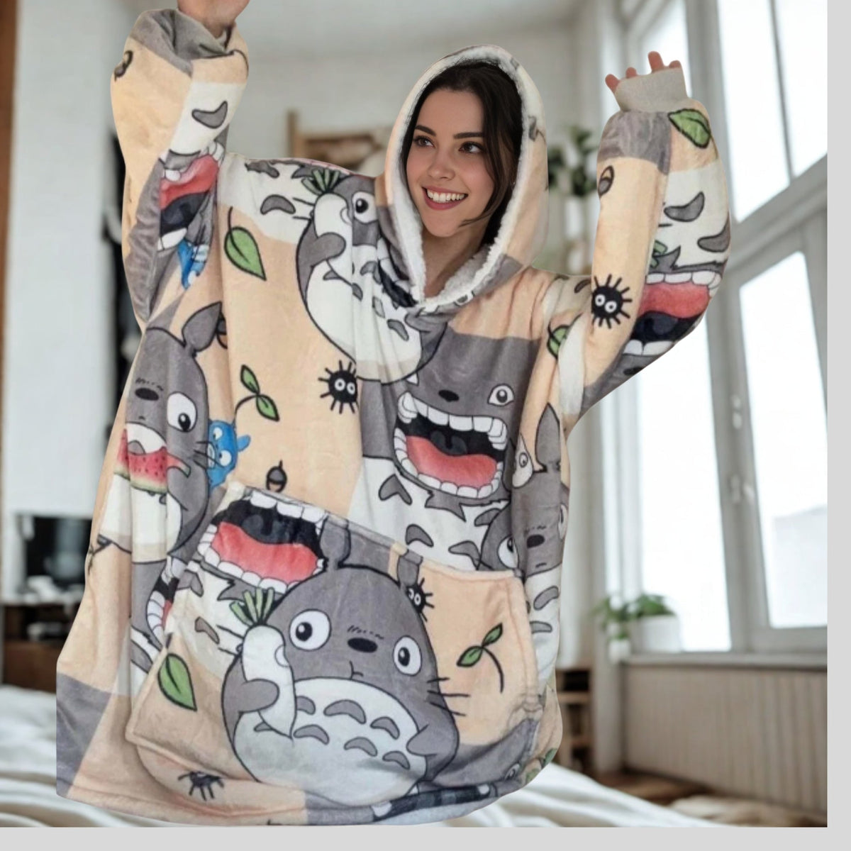 Olm Collectibles My Neighbor Totoro wearable blanket hoodie for kids and adults, soft cozy blanket hoodie with Totoro design.
