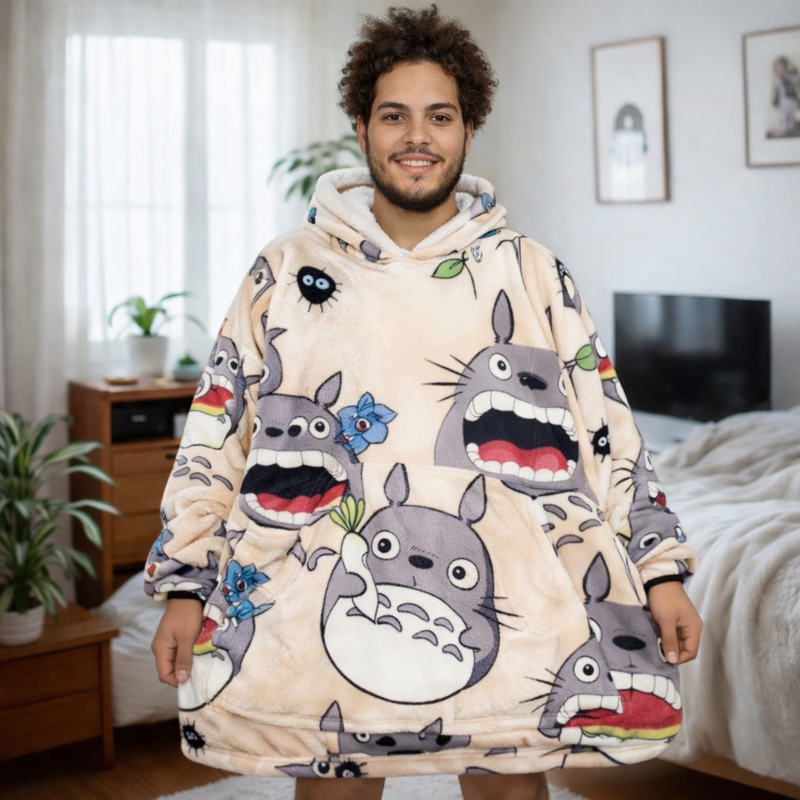 Olm Collectibles My Neighbor Totoro wearable blanket hoodie for kids and adults, featuring Totoro character design and cozy fabric.