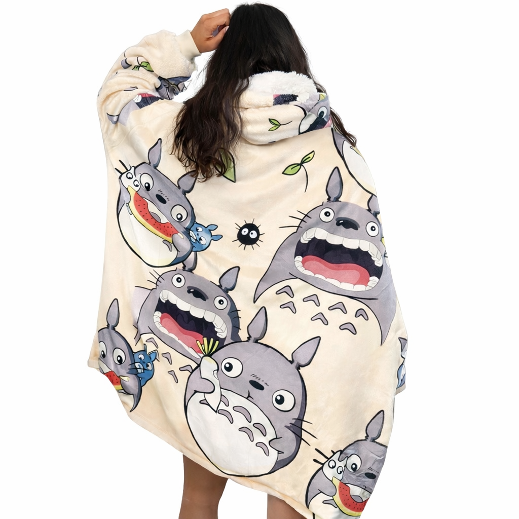 Olm Collectibles My Neighbor Totoro wearable blanket hoodie for kids and adults, soft plush fabric with Totoro character design.