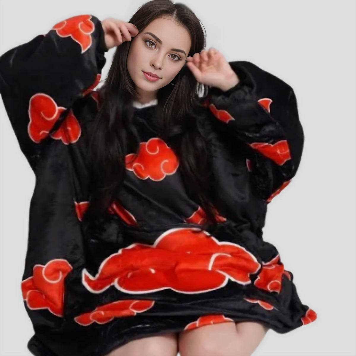 Naruto Itachi Akatsuki themed blanket hoodie by Olm Collectibles, adult and kids wearable cozy blanket with hoodie design.