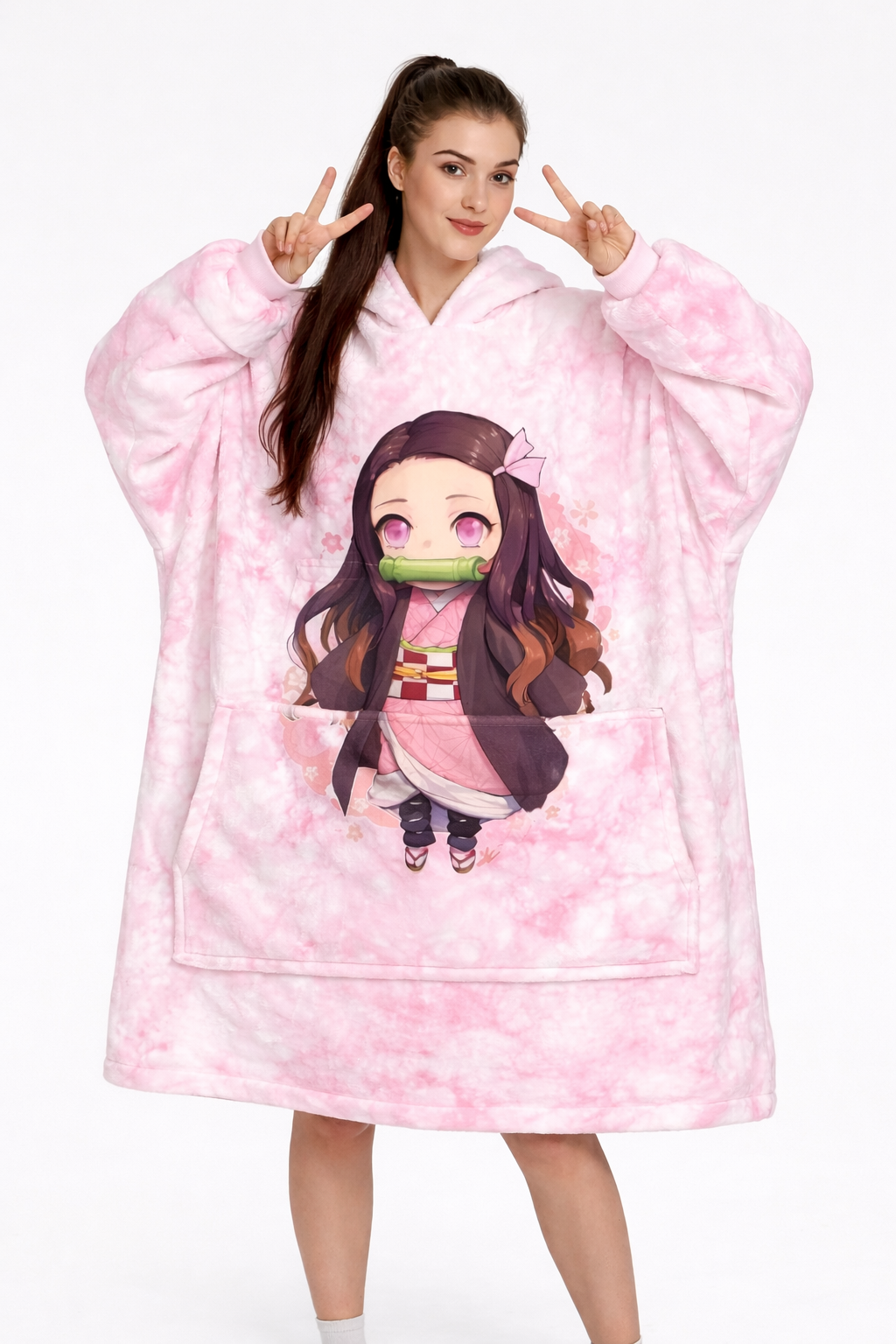 Olm Collectibles Nezuko Kamado Demon Slayer blanket hoodie for kids and adults, featuring colorful anime character design.