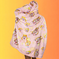 Olm Collectibles Sailor Moon wearable blanket hoodie for kids and adults, featuring a cozy, soft design with Sailor Moon motifs.