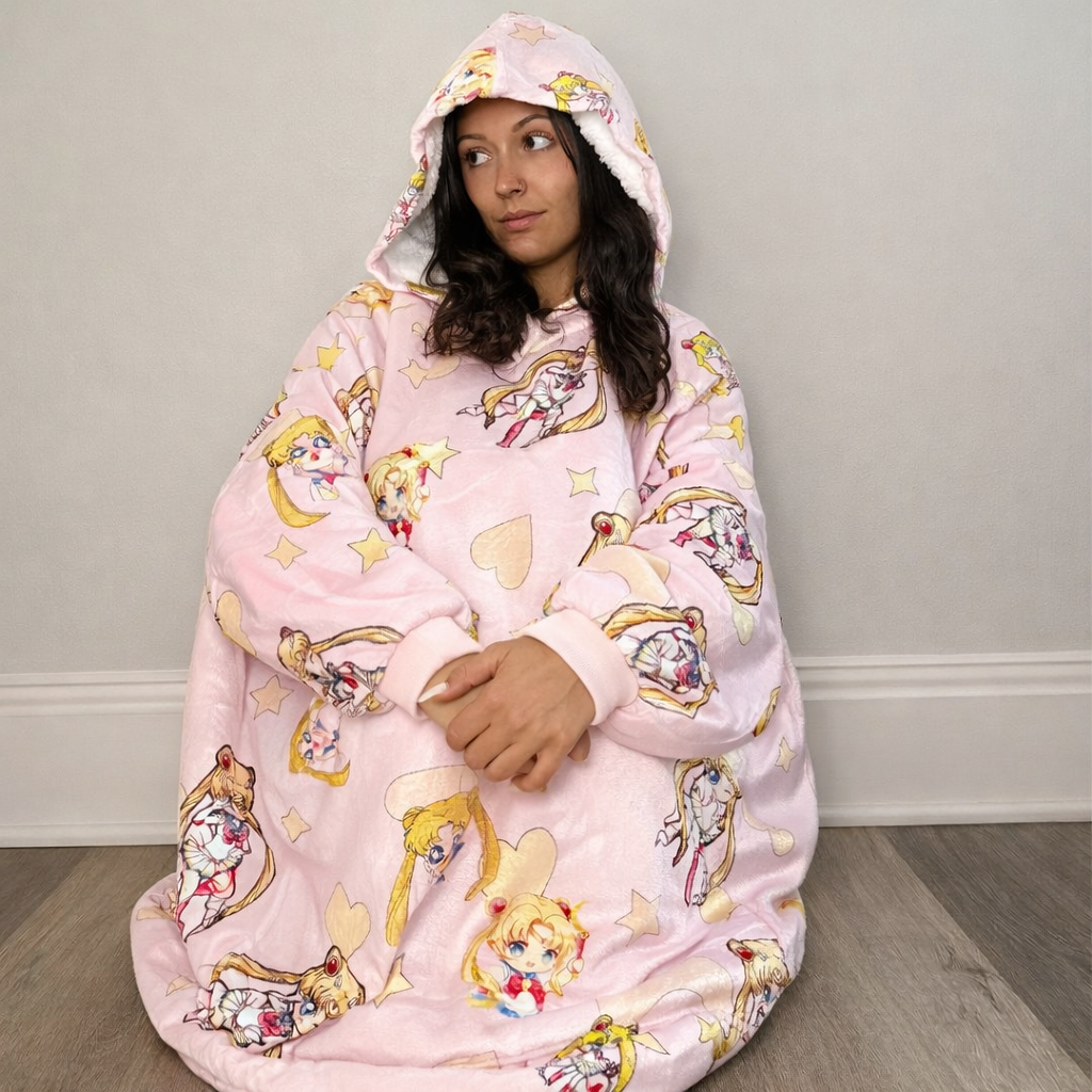 Olm Collectibles Sailor Moon wearable blanket hoodie for kids and adults, featuring Sailor Moon design and cozy oversized fit.