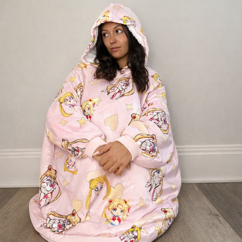 Olm Collectibles Sailor Moon wearable blanket hoodie for kids and adults, featuring Sailor Moon design and cozy oversized fit.