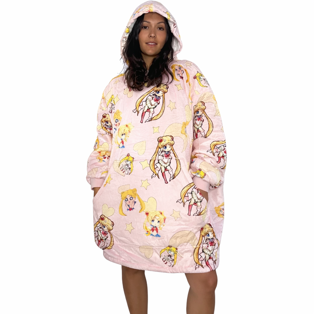 Olm collectibles Sailor Moon wearable blanket hoodie for kids and adults, featuring a cozy, illustrated Sailor Moon design.