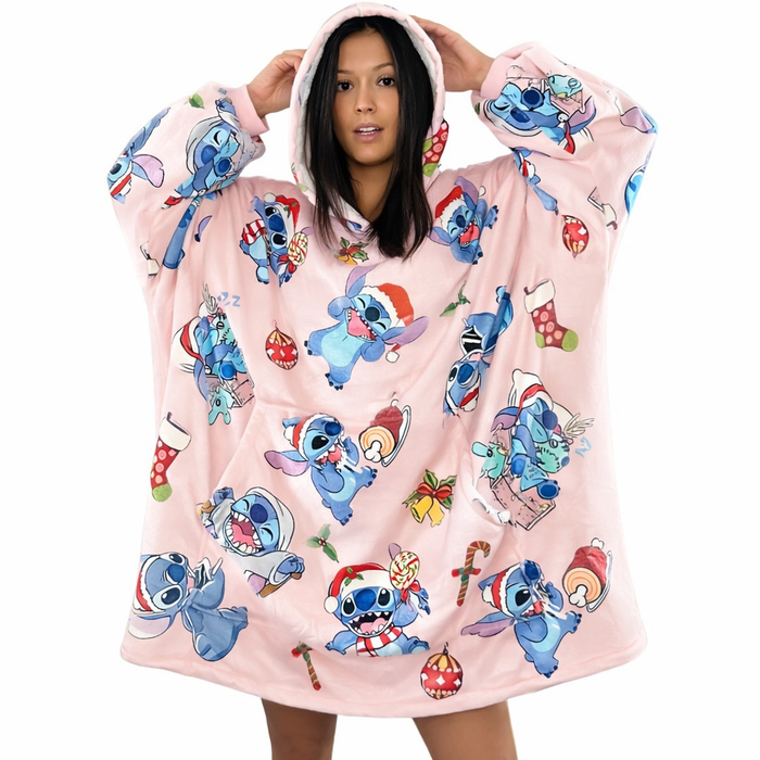 Pink Stitch oversized wearable blanket hoodie with sherpa lining, designed for kids and adults by Olm Collectibles.