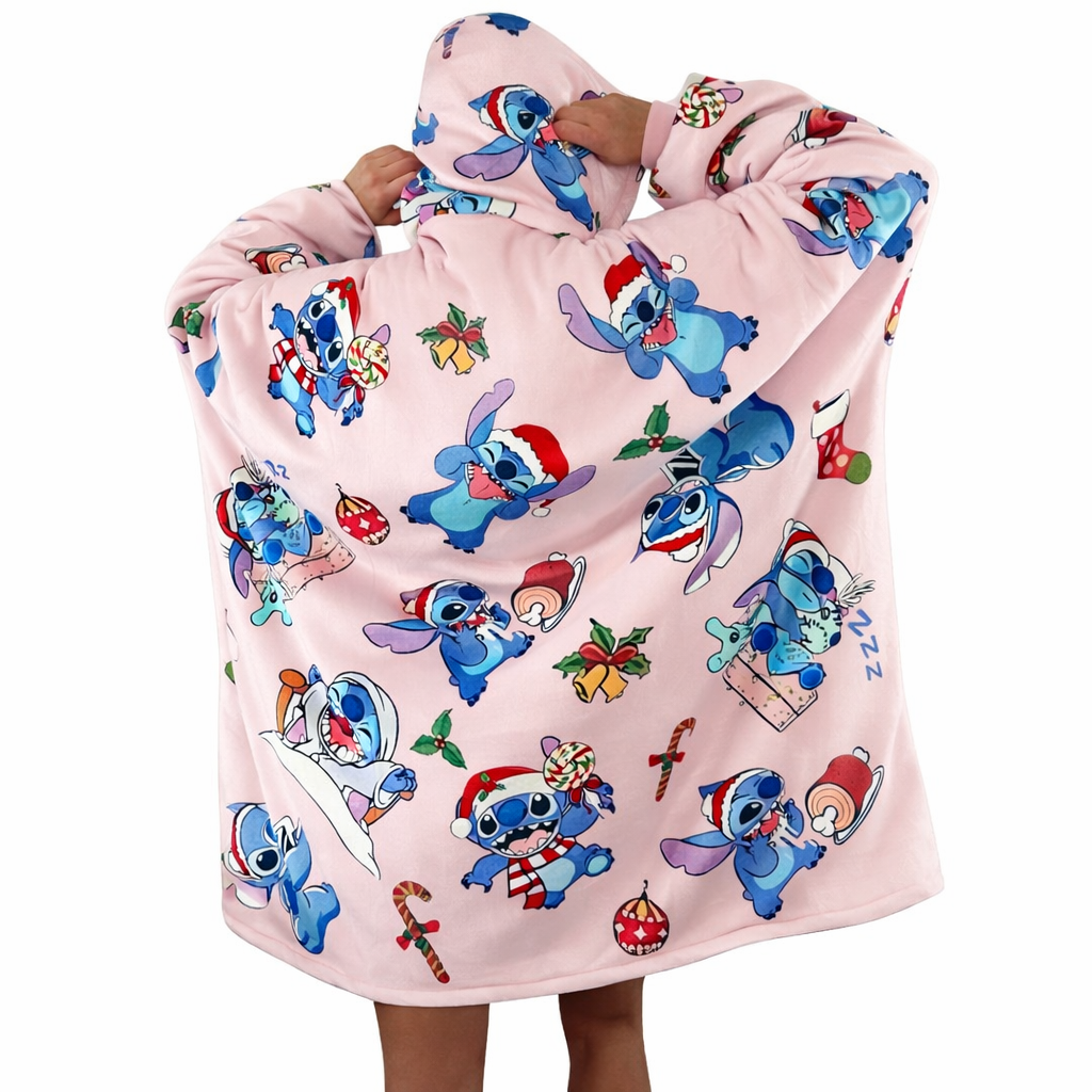Pink Stitch oversized wearable blanket hoodie with sherpa lining, perfect for kids and adults, by Olm collectibles.