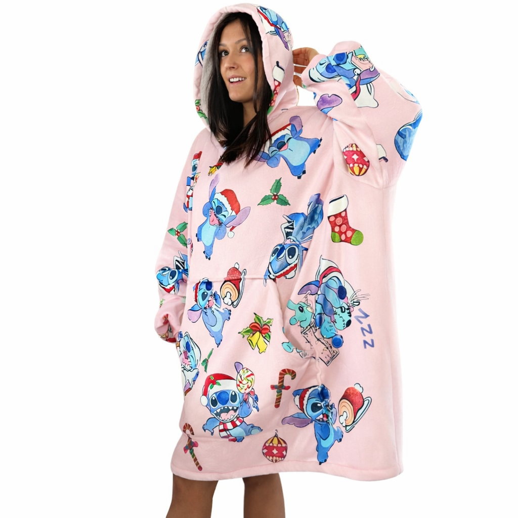 Pink Stitch oversized wearable blanket hoodie by Olm Collectibles, featuring soft sherpa lining for kids and adults.