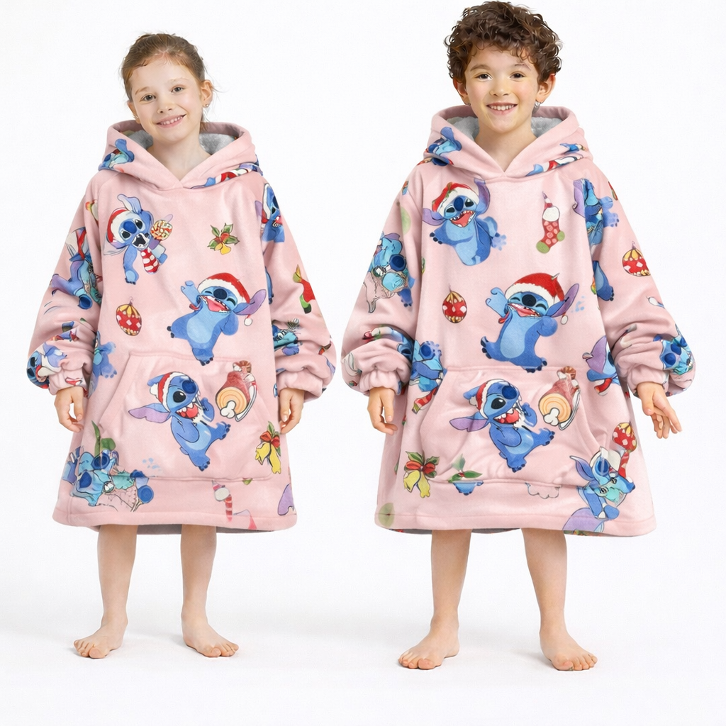 Pink Stitch oversized wearable blanket hoodie with sherpa lining, designed for kids and adults, by Olm Collectibles.