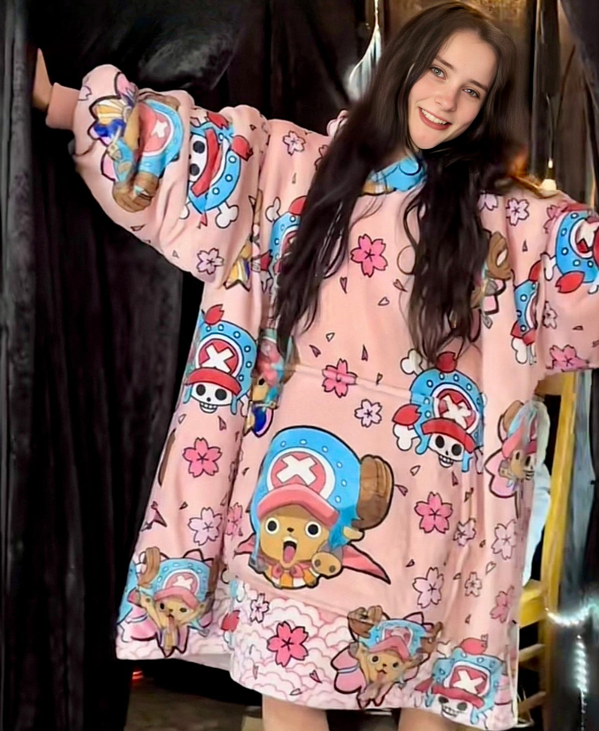 Olm Collectibles Tony Chopper One Piece wearable blanket hoodie for kids and adults, featuring Chopper character design and cozy fleece fabric.